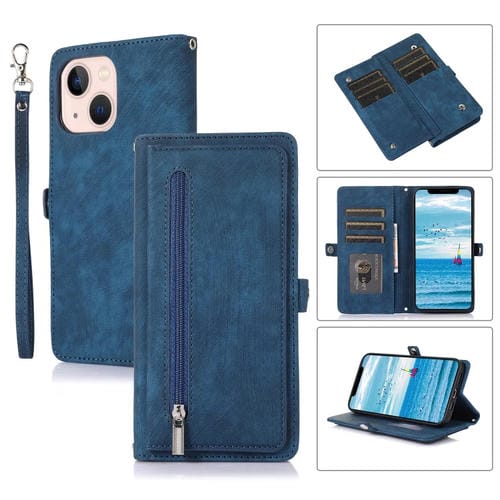 Para iPhone 15 Funda de Cuero para Teléfono con Billetera con Hebilla y Ranura para Tarjeta con Cremallera (Azul) - MOVILSTORE