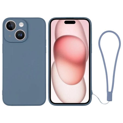 Para iPhone 15 Funda de Silicona para Teléfono con Correa para la Muñeca (Gris Azul) - MOVILSTORE