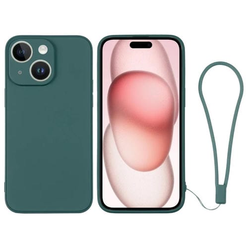 Para iPhone 15 Funda de Silicona para Teléfono con Correa para la Muñeca (Verde Oscuro) - MOVILSTORE