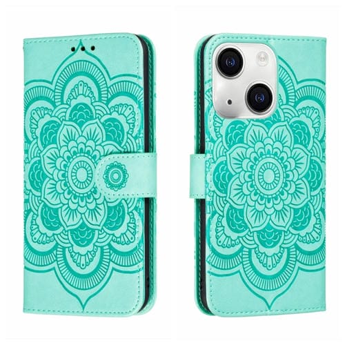 Para iPhone 15 Funda de Teléfono de Cuero con Estampado Sun Mandala (Verde) - MOVILSTORE