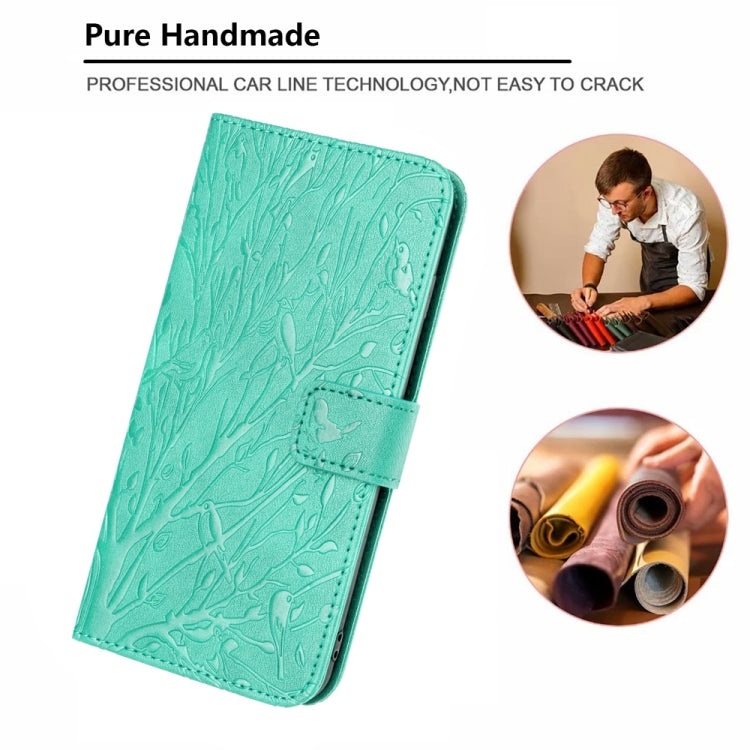 Para iPhone 15 Funda de Teléfono de Cuero con Patrón En Relieve de Pájaros de Árbol (Verde) - MOVILSTORE