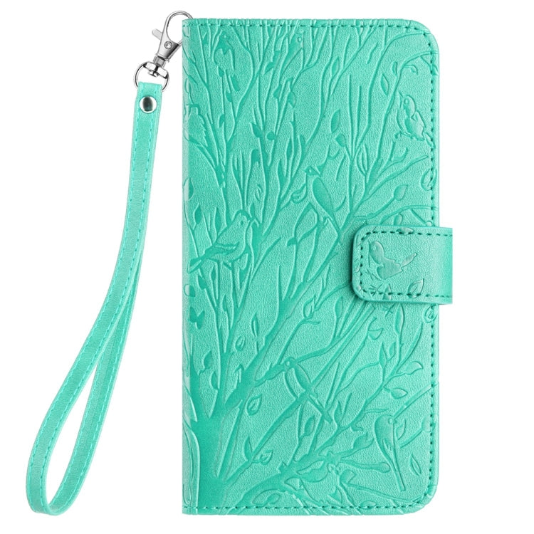 Para iPhone 15 Funda de Teléfono de Cuero con Patrón En Relieve de Pájaros de Árbol (Verde) - MOVILSTORE