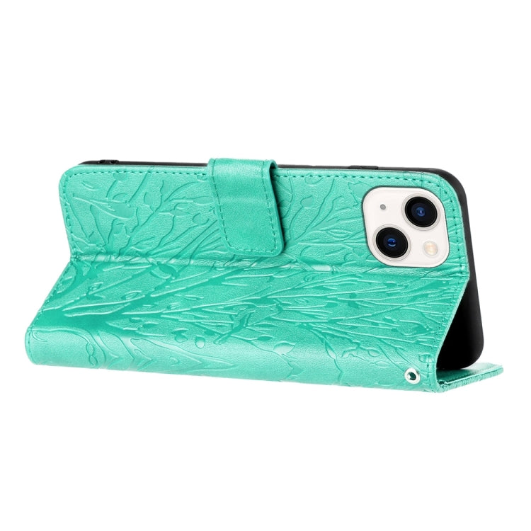 Para iPhone 15 Funda de Teléfono de Cuero con Patrón En Relieve de Pájaros de Árbol (Verde) - MOVILSTORE