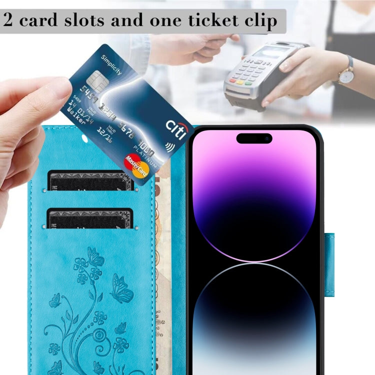 Para iPhone 15 Funda de Teléfono de Cuero con Tapa con Patrón de Flores de Mariposa (Azul) - MOVILSTORE
