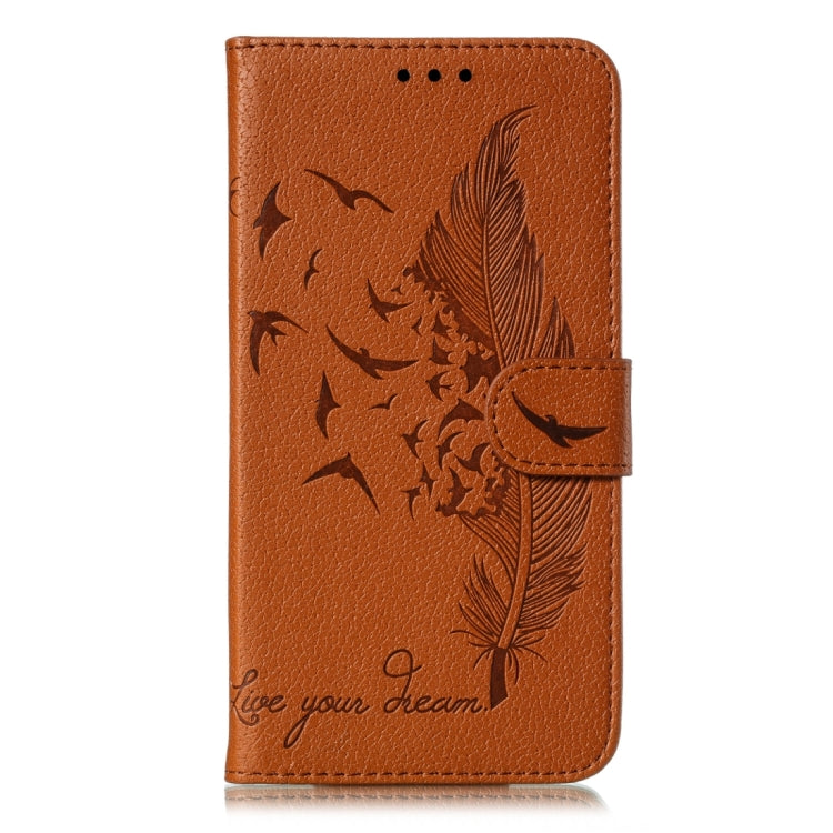 Para iPhone 15 Funda de Teléfono de Cuero con Textura Litchi con Patrón de Plumas (Marrón) - MOVILSTORE