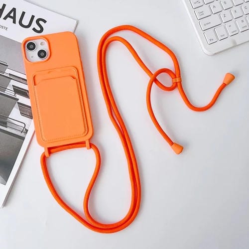 Para iPhone 15 Funda para Teléfono con TaRJetero de Silicona Elástica con Cordón Cruzado (Naranja) - MOVILSTORE
