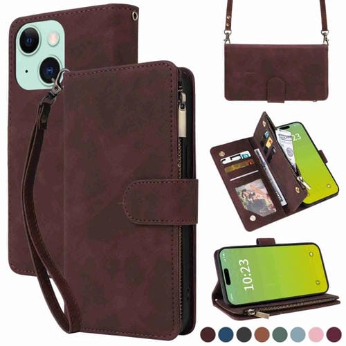 Para iPhone 15 Funda para Teléfono de Cuero con Cremallera y Ranura para Múltiples Tarjetas Cruzadas (Café) - MOVILSTORE