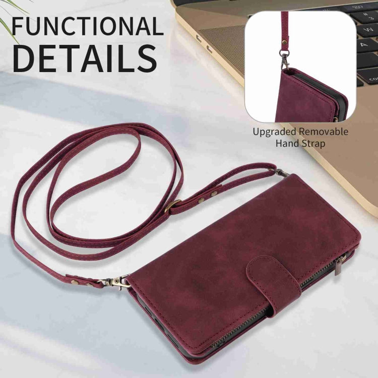 Para iPhone 15 Funda para Teléfono de Cuero con Cremallera y Ranura para Múltiples Tarjetas Cruzadas (Rojo Vino) - MOVILSTORE