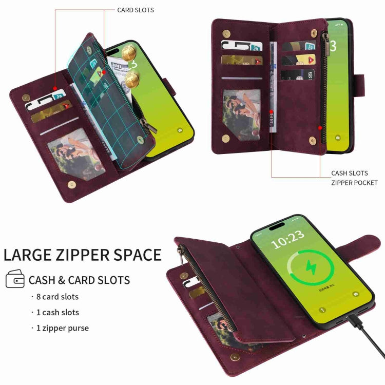 Para iPhone 15 Funda para Teléfono de Cuero con Cremallera y Ranura para Múltiples Tarjetas Cruzadas (Rojo Vino) - MOVILSTORE