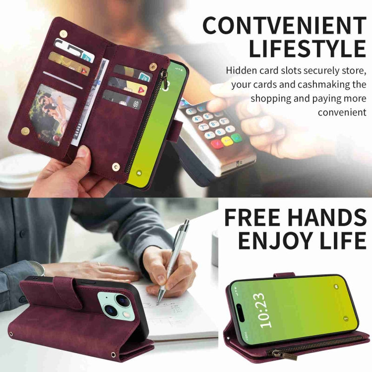Para iPhone 15 Funda para Teléfono de Cuero con Cremallera y Ranura para Múltiples Tarjetas Cruzadas (Rojo Vino) - MOVILSTORE