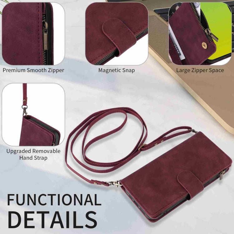Para iPhone 15 Funda para Teléfono de Cuero con Cremallera y Ranura para Múltiples Tarjetas Cruzadas (Rojo Vino) - MOVILSTORE