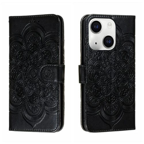 Para iPhone 15 Funda para Teléfono de Cuero con Estampado Sun Mandala (Negro) - MOVILSTORE