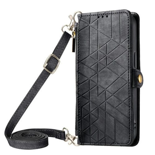 Para iPhone 15 Funda para Teléfono de Cuero con Hebilla Lateral y Billetera con Cremallera Geométrica y Cordón Cruzado (Negro) - MOVILSTORE