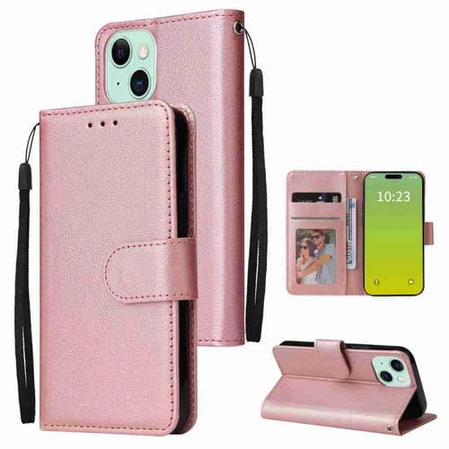 Para iPhone 15 Funda para Teléfono de Cuero con Tapa Horizontal Multifuncional con Tres Ranuras para Tarjetas (Oro Rosa) - MOVILSTORE