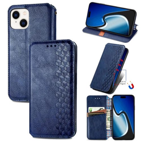 Para iPhone 15 Funda para Teléfono de Cuero Magnético Prensado con Rejilla Cúbica (Azul) - MOVILSTORE