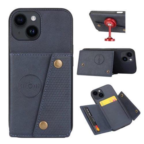 Para iPhone 15 Funda para Teléfono Pu + TPU con Ranuras para Tarjetas con Doble Hebilla (Azul) - MOVILSTORE