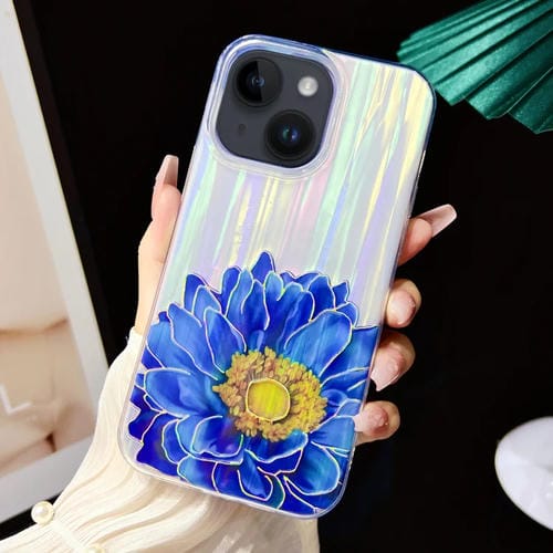 Para iPhone 15 Funda para Teléfono TPU + PC con Película de Color Galvanizada (Flores Azules) - MOVILSTORE