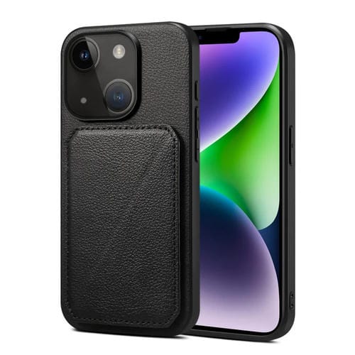 Para iPhone 15 Funda Trasera para Teléfono de Piel de Becerro de Imitación con Soporte (Negro) - MOVILSTORE