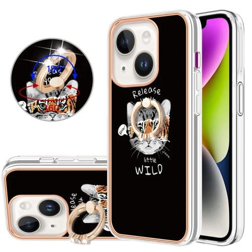 Para iPhone 15 Galvanoplastia Caja de Teléfono Imd de Doble Cara con Soporte para Anillo (Crecimiento Natural) - MOVILSTORE