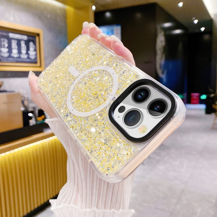 Para iPhone 15 Gold Armor Magsafe Glitter Epoxy Phone Case (Amarillo) - MOVILSTORE