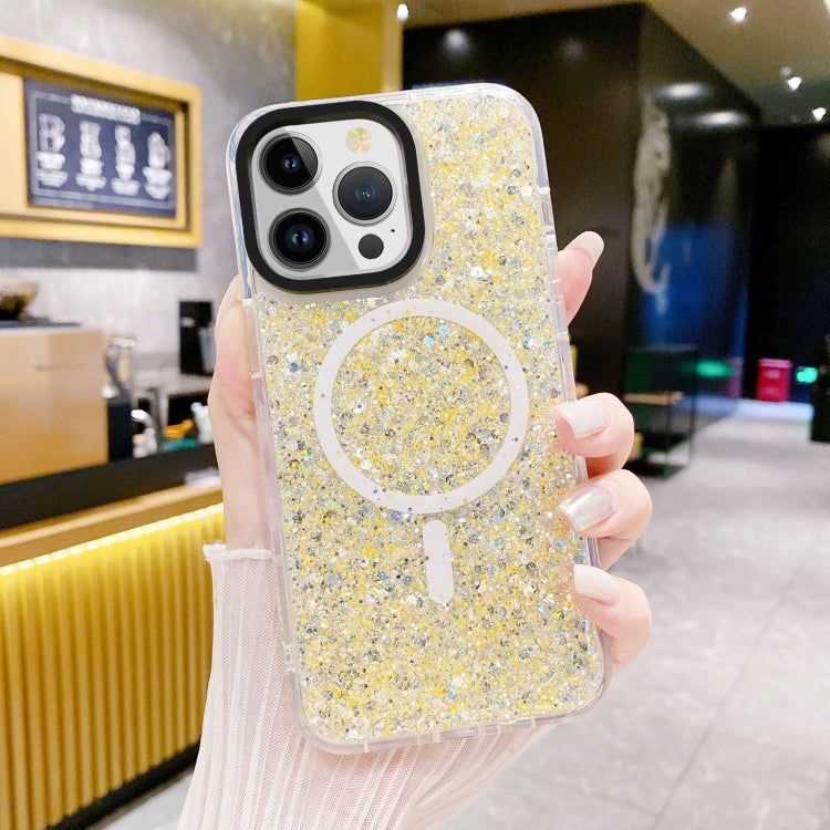 Para iPhone 15 Gold Armor Magsafe Glitter Epoxy Phone Case (Amarillo) - MOVILSTORE