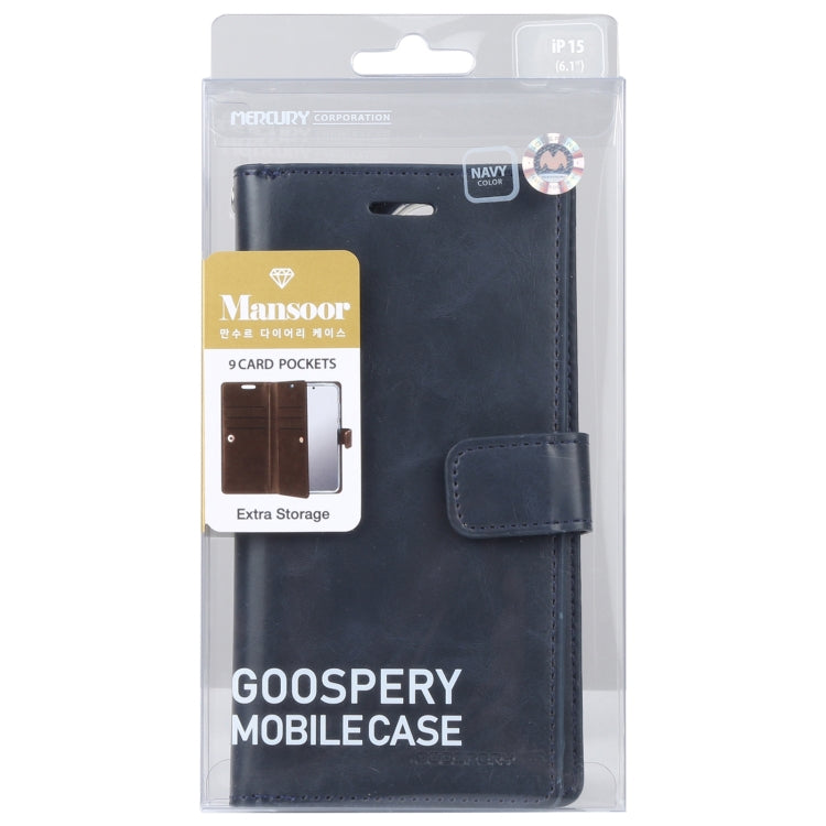 Para iPhone 15 Goospery Mansoor Diary Funda de Cuero para Teléfono con 9 Ranuras para Tarjetas (Azul Oscuro) - MOVILSTORE