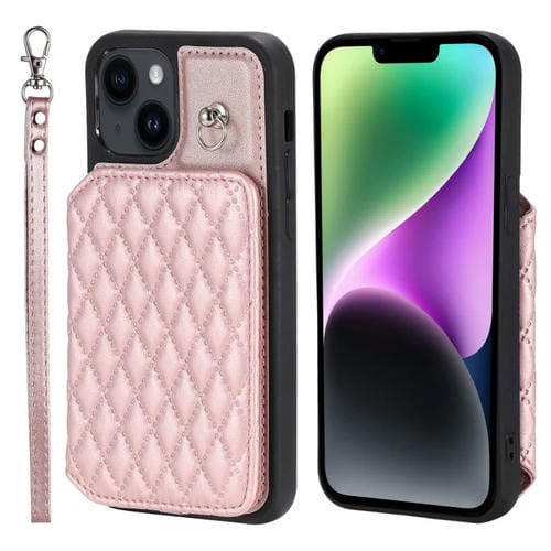 Para iPhone 15 Grid Texture Card Bag Funda para Teléfono con Cordón (Oro Rosa) - MOVILSTORE