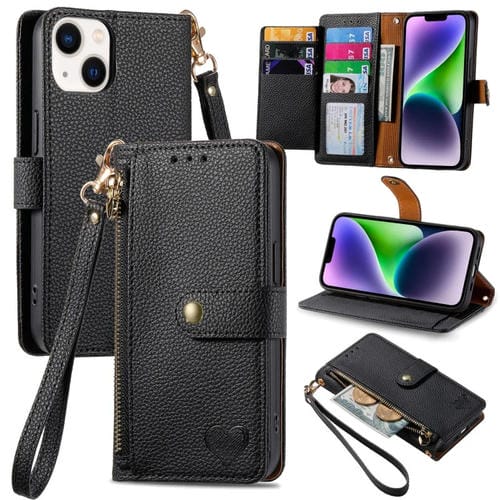 Para iPhone 15 Love Zipper Lanyard Funda de Cuero para Teléfono (Negro) - MOVILSTORE