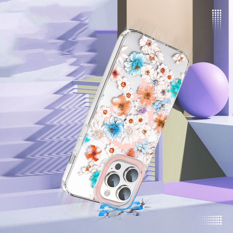 Para iPhone 15 Magsafe Funda Magnética para Teléfono TPU (Flor Blanca y Azul) - MOVILSTORE