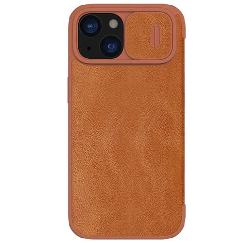 Para iPhone 15 Nillkin Qin Series Pro Funda de Cuero con Diseño de Cubierta de Cámara Deslizante (Marrón) - MOVILSTORE