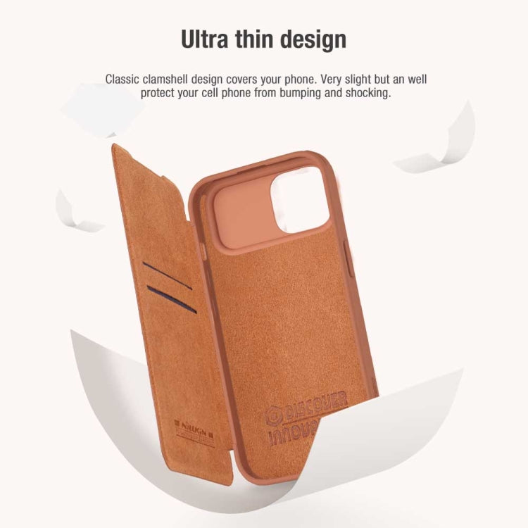 Para iPhone 15 Nillkin Qin Series Pro Funda de Cuero con Diseño de Cubierta de Cámara Deslizante (Marrón) - MOVILSTORE