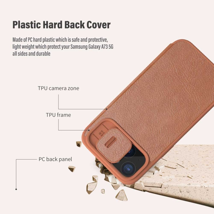 Para iPhone 15 Nillkin Qin Series Pro Funda de Cuero con Diseño de Cubierta de Cámara Deslizante (Marrón) - MOVILSTORE