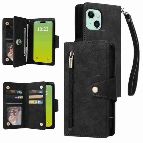 Para iPhone 15 Remache Hebilla 9 Tarjetas Funda de Cuero para Teléfono con Tres Pliegues (Negro) - MOVILSTORE