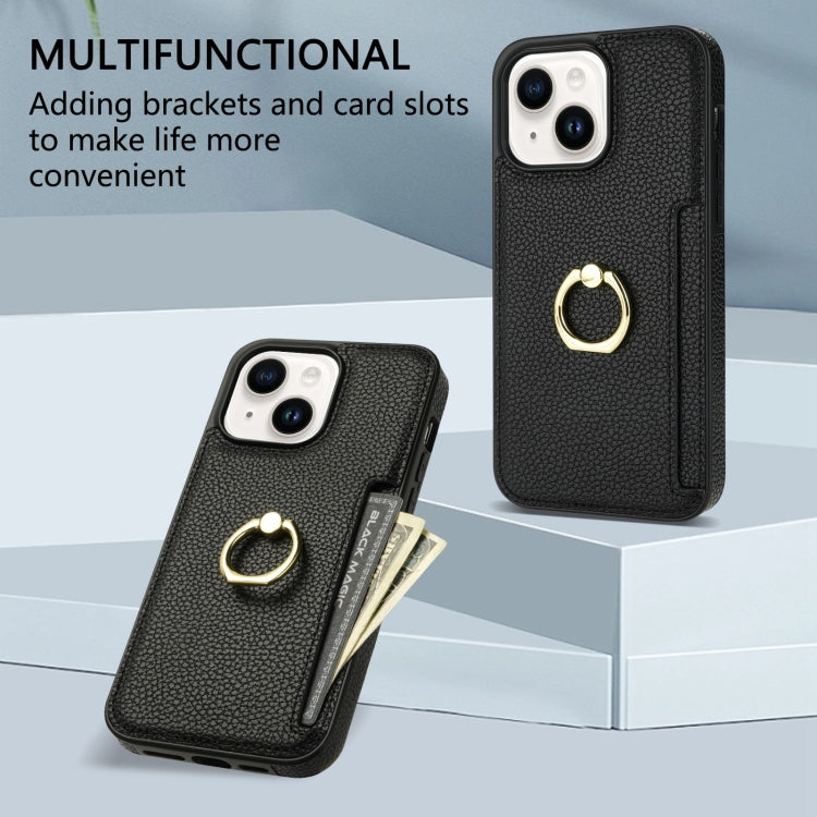 Para iPhone 15 Ring Card Litchi Funda Trasera de Cuero para Teléfono (Negro) - MOVILSTORE