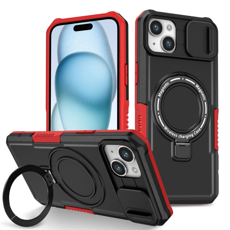 Para iPhone 15 Sliding Camshield Magsafe Holder TPU Hybrid PC Funda para Teléfono (Negro Rojo) - MOVILSTORE