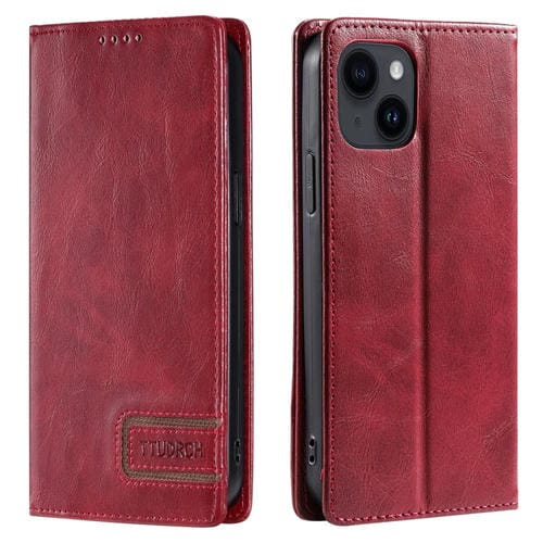 Para iPhone 15 Ttudrch Rfid Funda de Teléfono de Cuero Magnético con Textura Retro (Rojo) - MOVILSTORE