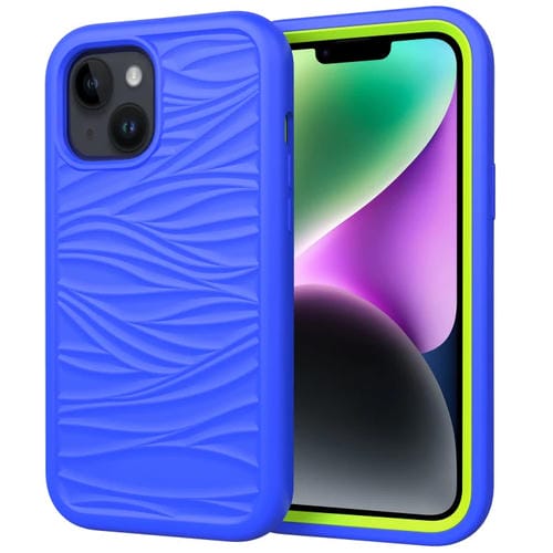 Para iPhone 15 Wave Pattern 3 En 1 Funda de Silicona + PC para Teléfono (Azul + Olivino) - MOVILSTORE